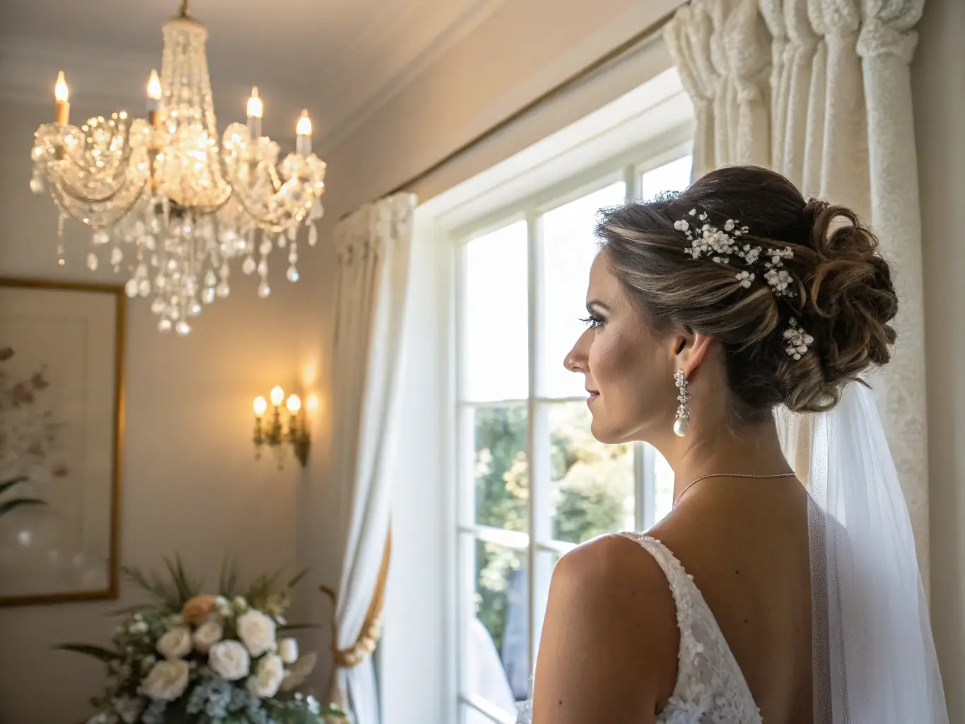 A bride with her hair styled in an elegant updo, featuring intricate braids and sparkling hairpins, posing in front of a classic wedding venue, highlighting the sophistication of the hairstyle.