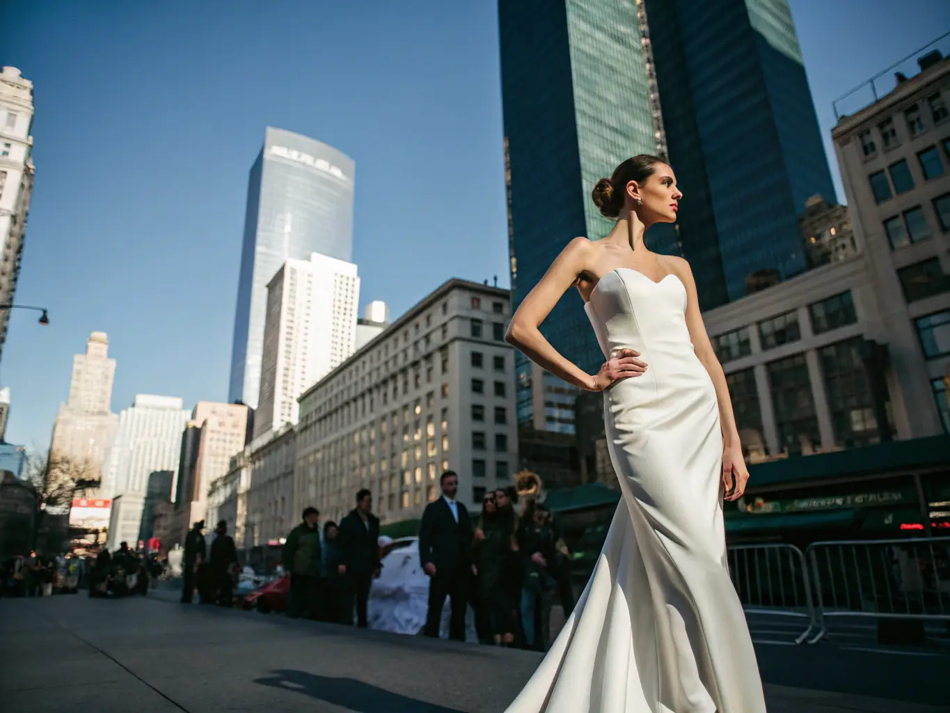 A bride with short hair styled in a chic and modern way, wearing a statement headpiece, standing in an urban setting, demonstrating the versatility of bridal hairstyles for all hair lengths.