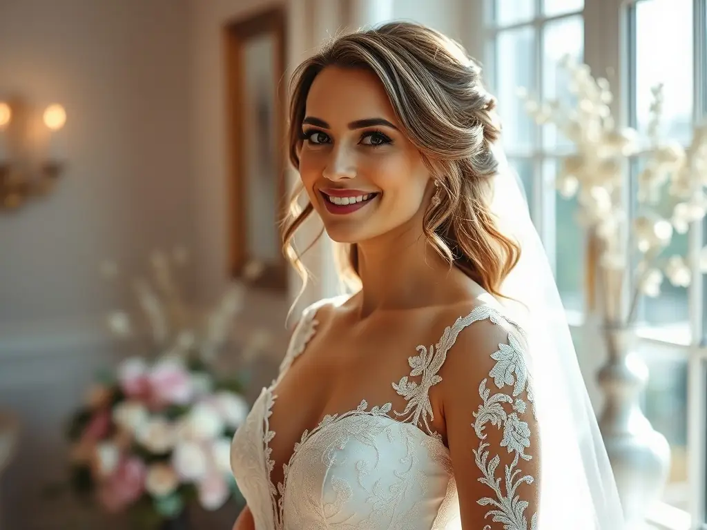 A bride with long, flowing hair styled in loose waves, adorned with delicate floral accessories, standing in a sunlit bridal suite, showcasing a natural and romantic bridal hairstyle.
